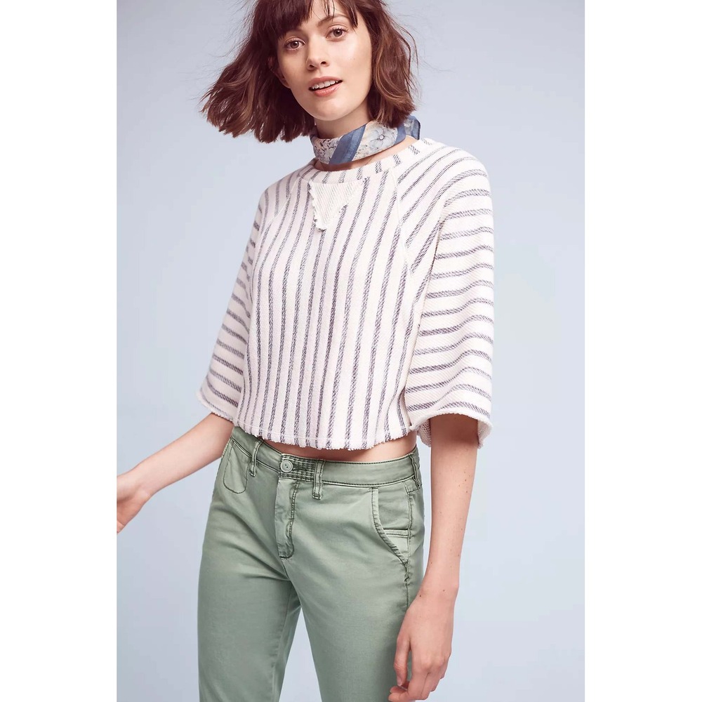 Dolan Coastal Stripes Terry Pullover Cropped Sweatshirt Cotton Navy Cream XS